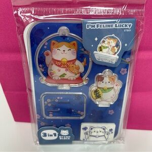 NEW 3 In 1 Stamp Block " I'm Feline Lucky" Cat (Rubber Stamp, Keychain & Stand)